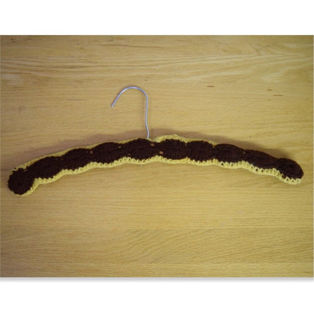 Grandma Crochet Vintage Wood Hanger Mid Century Modern Single Brown Gold Yellow